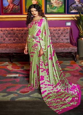 Parrot green printed crepe saree with blouse 1
