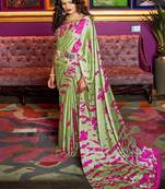 Parrot green printed crepe saree with blouse