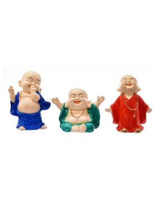 Karigaari India Handcrafted Set of 3 Resine Little Laughing Buddha Monk Sculpture 1