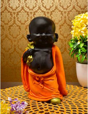 Karigaari India Handcrafted Resine Little Orange Buddha Monk Sculpture 1