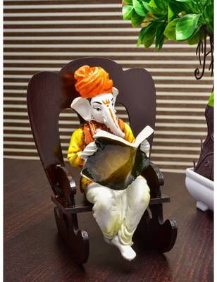 Karigaari India Handcrafted Resine Reading Book on Wooden Chair Ganesha Idol Sculpture 1