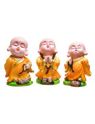 Karigaari India Handcrafted Set of 3 Resine Little Laughing Buddha Monk Sculpture | Showpiece for Home and Office 1