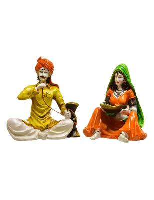 Karigaari India Handcrafted Traditions of Rajasthani Lady with Supda and Man Drinking Hukka Polyresine Showpiece 1