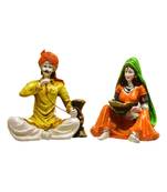 Karigaari India Handcrafted Traditions of Rajasthani Lady with Supda and Man Drinking Hukka Polyresine Showpiece