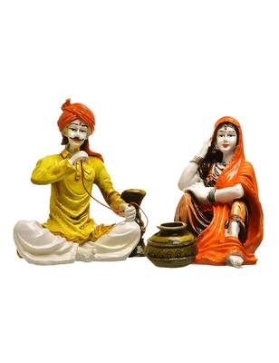 Karigaari India Handcrafted Traditions of Rajasthani Lady with Water Matka and Man Drinking Hukka Polyresine Showpiece 1