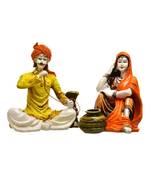 Karigaari India Handcrafted Traditions of Rajasthani Lady with Water Matka and Man Drinking Hukka Polyresine Showpiece