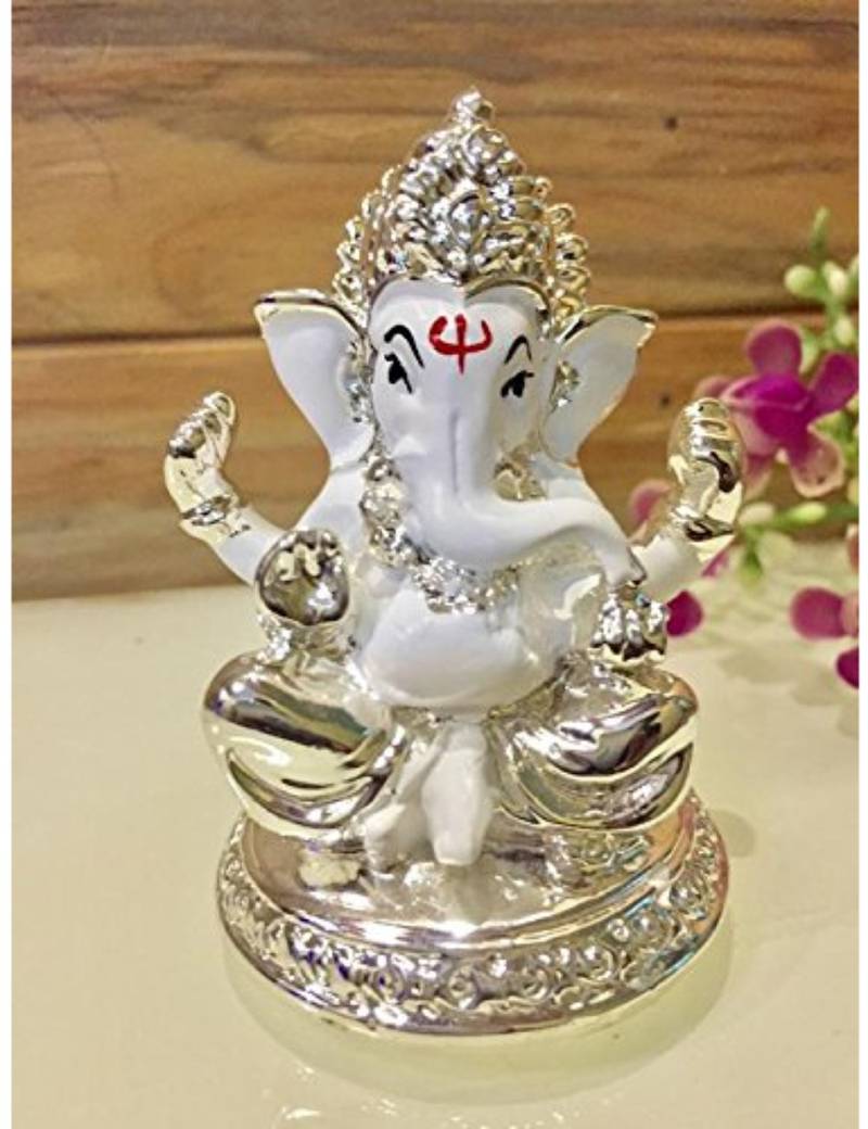 Karigaari India 999 Silver Plated White Appu Ganesha (3X2X3 Inches) Car Dashboard Idols