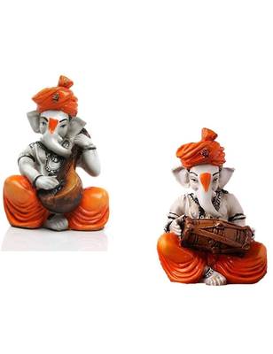Karigaari India Handcrafted Set of 2 Polyresine Ganesha Playing Instrument Showpiece 1