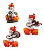 Karigaari India Polyresine Set of 3 Orange Dhoti & Turban Ganesha Playing Instruments Showpiece