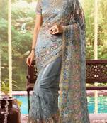 Grey embroidered net saree with blouse