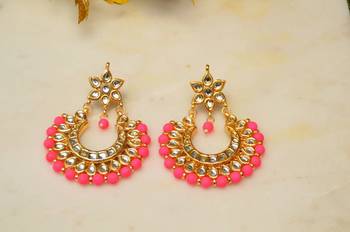 Neon Pink Kundan Chandbali Earrings 1