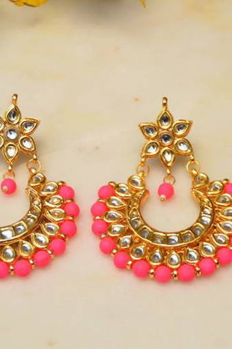 Neon Pink Kundan Chandbali Earrings