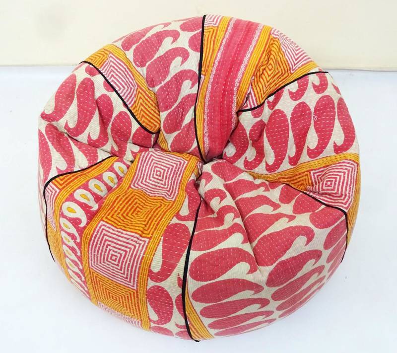 Handmade cotton kantha quilt Floral kids Bean Bag Chair, Round Bohemian Decorative Embroidered Ottoman Pouf, only cover