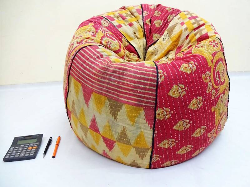 Handmade cotton kantha quilt Floral kids Bean Bag Chair, Round Bohemian Decorative Embroidered Ottoman Pouf, only cover