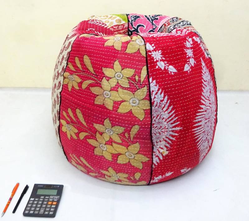 Handmade cotton kantha quilt Floral kids Bean Bag Chair, Round Bohemian Decorative Embroidered Ottoman Pouf, only cover