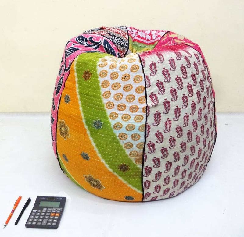 Handmade cotton kantha quilt Floral kids Bean Bag Chair, Round Bohemian Decorative Embroidered Ottoman Pouf, only cover