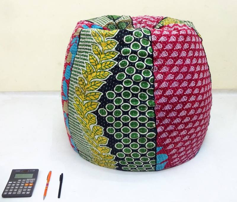 Handmade cotton kantha quilt Floral kids Bean Bag Chair, Round Bohemian Decorative Embroidered Ottoman Pouf, only cover