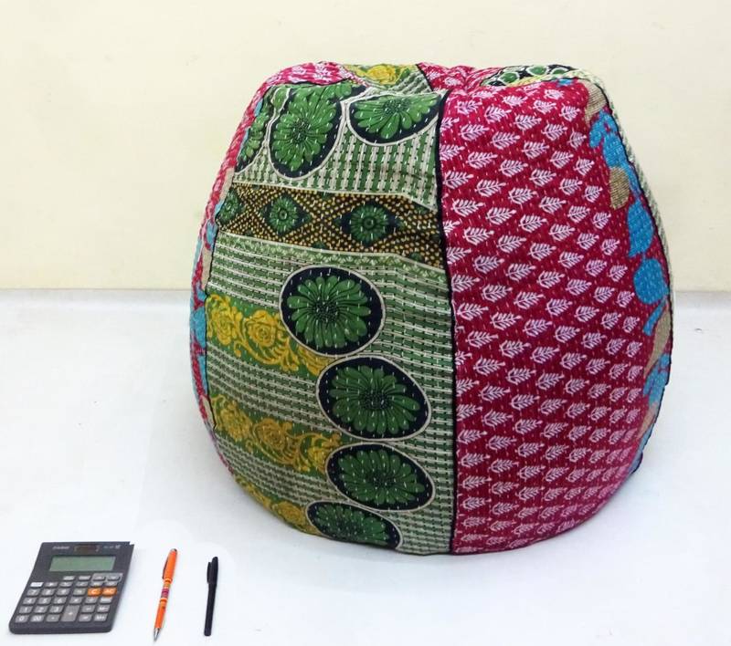Handmade cotton kantha quilt Floral kids Bean Bag Chair, Round Bohemian Decorative Embroidered Ottoman Pouf, only cover