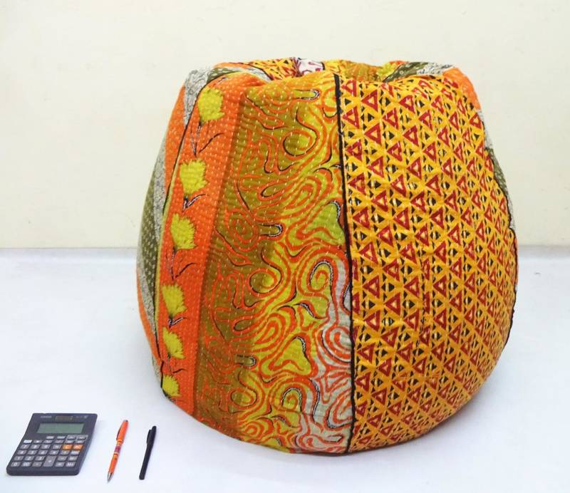 Handmade cotton kantha quilt Floral kids Bean Bag Chair, Round Bohemian Decorative Embroidered Ottoman Pouf, only cover