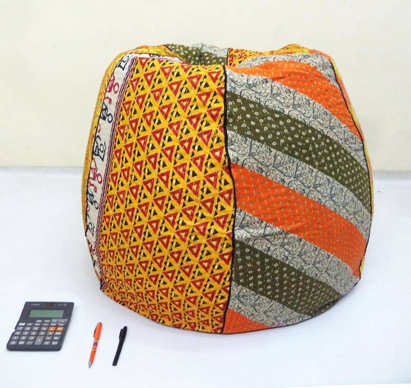 Handmade cotton kantha quilt Floral kids Bean Bag Chair, Round Bohemian Decorative Embroidered Ottoman Pouf, only cover