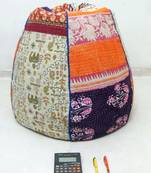 Handmade cotton kantha quilt Floral kids Bean Bag Chair, Round Bohemian Decorative Embroidered Ottoman Pouf, only cover