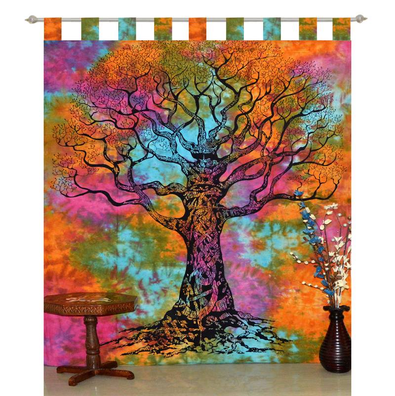 Indian Tie Dye Tree Of Life Tapestry, Mandala Window Curtain Valances Room Divider Tab top Curtains