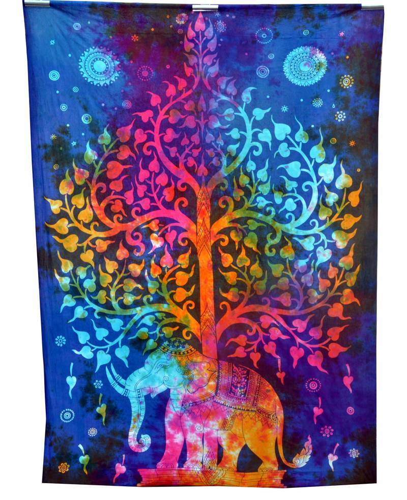Psychedelic Elephant Tree Tapestry Multi Color Wall Hanging Hippie Bedspread Art