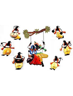 Karigaari India Radha Krishna Wall Hanging with 6 Dancing Pandits - Iron 1