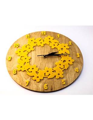 Karigaari India Round Wooden Flowery Wall Clock (Size : 12 x 12 Inches) - Brown & Yellow 1