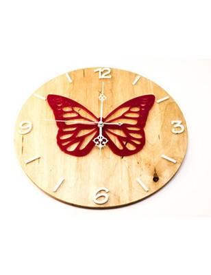 Karigaari India Round Wooden Butterfly Wall Clock (Size: 12 x 12 inches) - Brown & Red 1