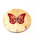 Karigaari India Round Wooden Butterfly Wall Clock (Size: 12 x 12 inches) - Brown & Red