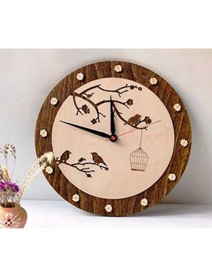 Karigaari India Round Stylish Wooden Birds on Tree Designer Wall Clock (Size: 12 x 12 inches) - Brown 1