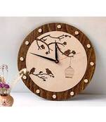 Karigaari India Round Stylish Wooden Birds on Tree Designer Wall Clock (Size: 12 x 12 inches) - Brown