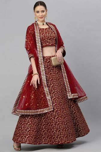 Maroon Colored Zari and Sequins Embroidered Raw Silk Fabric Indian Wedding Lehenga Dress