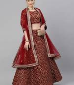 Maroon Colored Zari and Sequins Embroidered Raw Silk Fabric Indian Wedding Lehenga Dress
