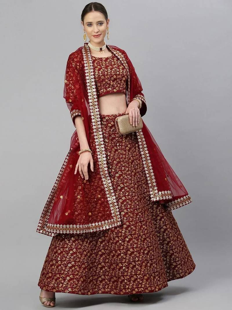 Maroon Colored Zari and Sequins Embroidered Raw Silk Fabric Indian Wedding Lehenga Dress
