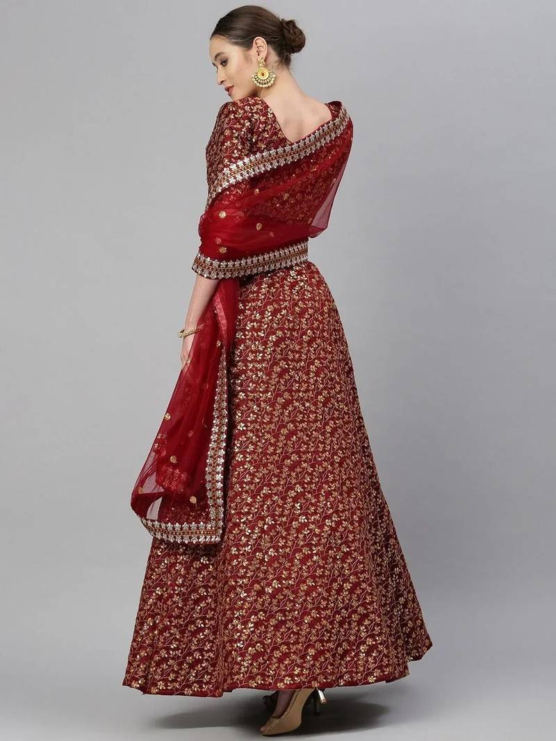 Maroon Colored Zari and Sequins Embroidered Raw Silk Fabric Indian Wedding Lehenga Dress