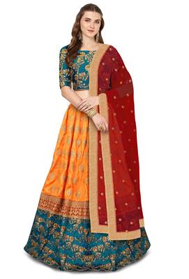 Fetching Yellow Red And Green Colored Zari & Sequins Embroidered Taffeta Silk Semi Stitched Wedding Lehenga 1