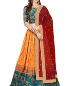 Fetching Yellow Red And Green Colored Zari & Sequins Embroidered Taffeta Silk Semi Stitched Wedding Lehenga