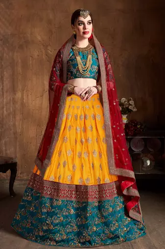 Fetching Yellow, Red and Green Colored Zari & Sequins Embroidered Taffeta Silk Semi Stitched Wedding Lehenga