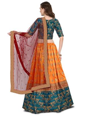 Fetching Yellow Red And Green Colored Zari & Sequins Embroidered Taffeta Silk Semi Stitched Wedding Lehenga 2