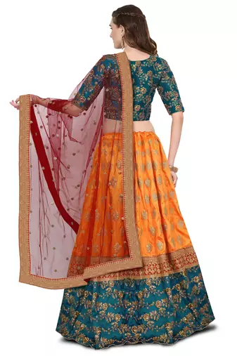 Fetching Yellow Red And Green Colored Zari & Sequins Embroidered Taffeta Silk Semi Stitched Wedding Lehenga