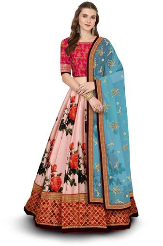 Seductive Rose Pink Dori and Sequins Embroiderey on Digital Floral Print Art Silk Fabric Lehenga choli for wedding
