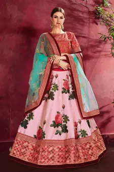 Seductive Rose Pink Dori and Sequins Embroidered & Digital Floral Printed Art Silk Bridal Lehenga