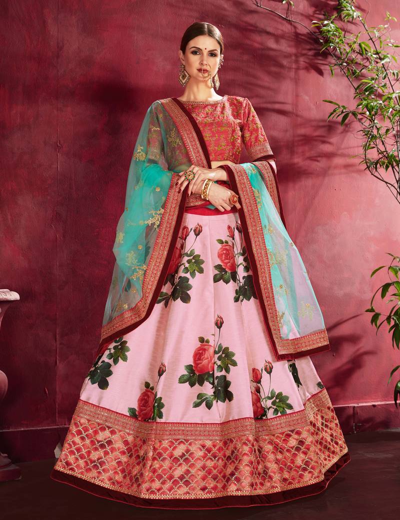 Seductive Rose Pink Dori and Sequins Embroidered & Digital Floral Printed Art Silk Bridal Lehenga