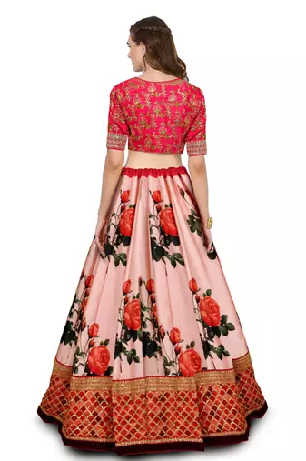 Seductive Rose Pink Dori and Sequins Embroiderey on Digital Floral Print Art Silk Fabric Lehenga choli for wedding