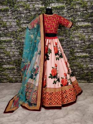 Seductive Rose Pink Dori and Sequins Embroiderey on Digital Floral Print Art Silk Fabric Lehenga choli for wedding 3