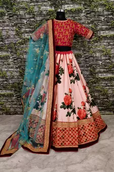 Seductive Rose Pink Dori and Sequins Embroiderey on Digital Floral Print Art Silk Fabric Lehenga choli for wedding