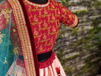 Seductive Rose Pink Dori and Sequins Embroiderey on Digital Floral Print Art Silk Fabric Lehenga choli for wedding 4