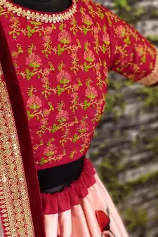 Seductive Rose Pink Dori and Sequins Embroiderey on Digital Floral Print Art Silk Fabric Lehenga choli for wedding